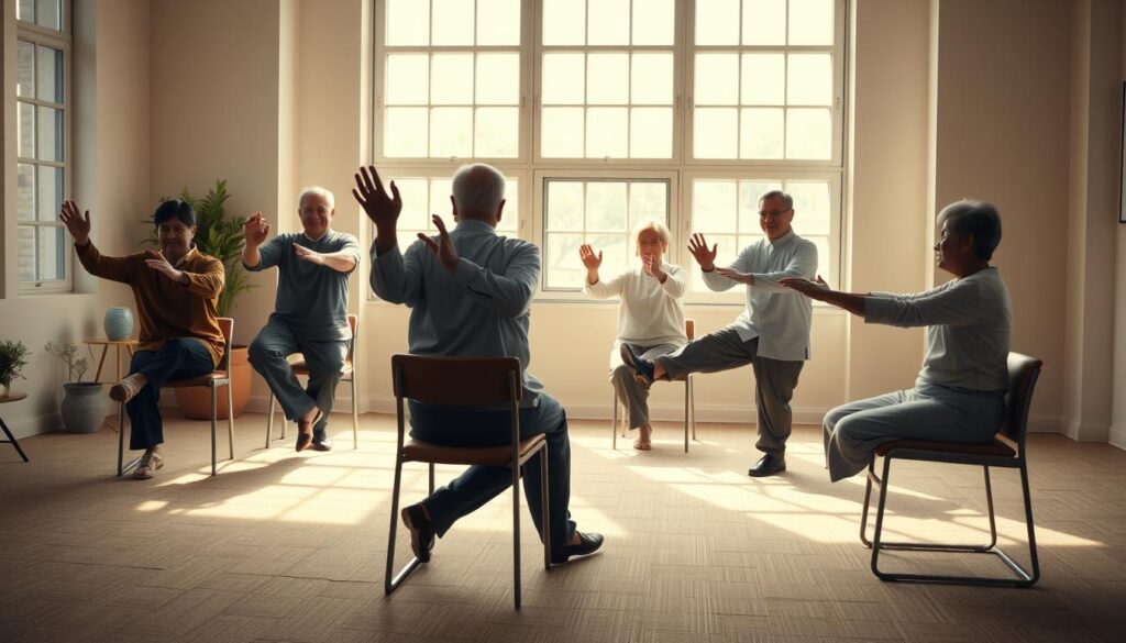 A cozy and tranquil studio setting with a group of older Chinese and Caucasian men and women seated in chairs, focused on their Tai Chi balance exercise. The elderly practitioners gently shift their weight, with one leg lifted off the ground, arms extended in graceful poses. Natural lighting filters through large windows, casting a warm, soothing glow on the scene. The background is a simple, minimalist room with neutral tones, allowing the serene movements of the "Golden Rooster Stands on One Leg (Seated)" exercise to take center stage.