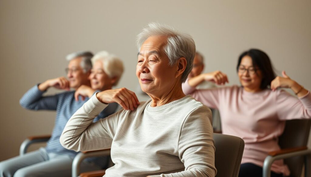 A senior adult of diverse ethnicities, including Chinese and white individuals, sits comfortably in a chair, performing a series of gentle shoulder rolls and rotations. The lighting is soft and diffused, creating a warm, soothing atmosphere. The camera angle is slightly elevated, providing a clear view of the subject's upper body as they move their shoulders in a controlled, fluid motion. The background is minimalist and uncluttered, allowing the focus to remain on the seated, senior figure and their therapeutic exercise routine.
