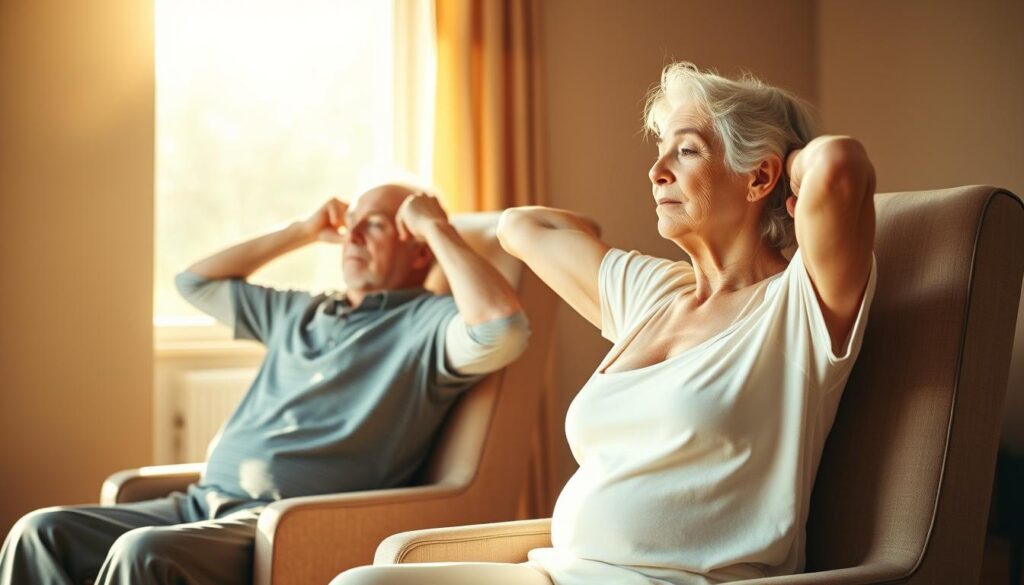 A senior person, both male and female, performing gentle chest-opening stretches in a serene, sunlit setting. The subjects are seated comfortably in high-backed chairs, their posture upright yet relaxed. Warm, diffused lighting from a large window bathes the scene, casting a soft, flattering glow. Their movements are graceful and focused, conveying a sense of calm mindfulness. The background is uncluttered, featuring muted, neutral tones that allow the subjects to be the clear focal point. The overall mood is one of tranquility and well-being, inviting the viewer to join in the restorative practice.