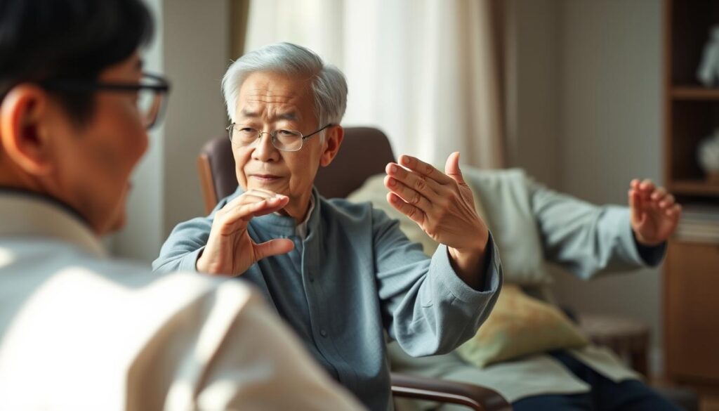 A senior person, both men and women of Chinese and Caucasian descent, seated comfortably in a chair and practicing a series of graceful wrist exercises as part of a Tai Chi routine. Soft, natural lighting illuminates their focused expressions and flowing movements, creating a serene and tranquil atmosphere. The camera angle captures the scene from a slightly elevated perspective, emphasizing the elegance and precision of the exercises. The background is blurred, keeping the attention solely on the subject and their meditative practice.