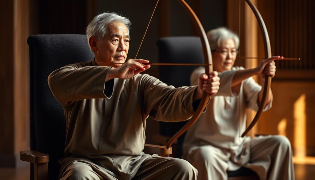 A senior person, both men and women of Chinese and white descent, perform the seated Tai Chi archer pose with graceful precision. The subject is seated in a high-backed chair, their torso upright and centered, one arm extended with an imaginary bow drawn, the other arm pulled back, fingers curled as if holding the bowstring. Soft, warm lighting illuminates their serene, focused expressions, casting gentle shadows that accentuate the natural curves and contours of their bodies. The background is blurred, allowing the seated figure to be the central focus, exuding a sense of peaceful concentration and mastery of the ancient art of Tai Chi.