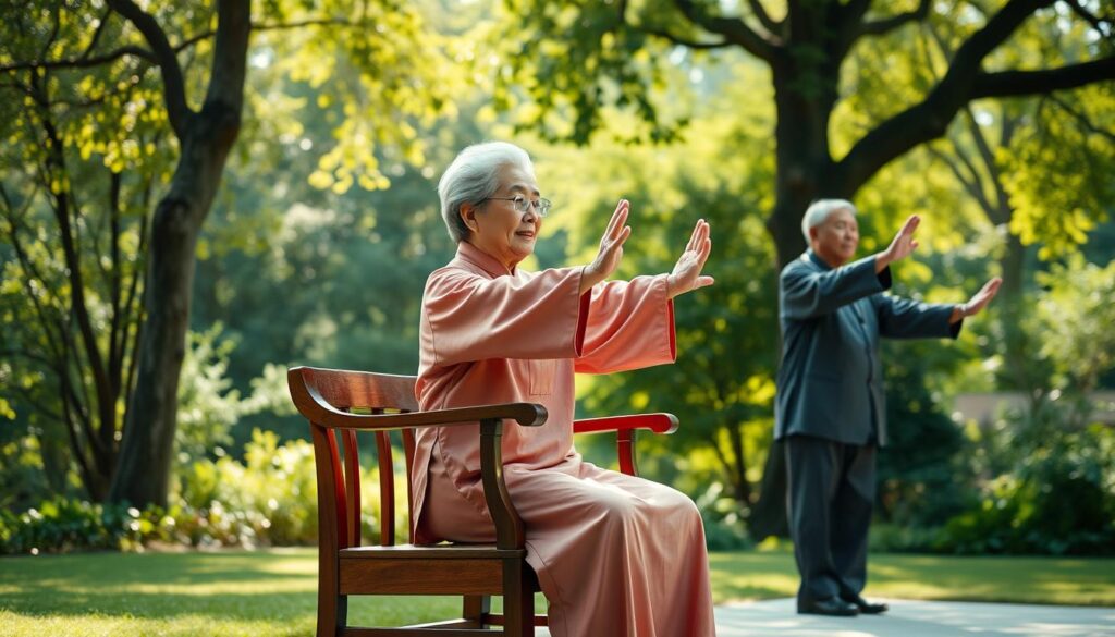 A senior woman dressed in traditional Chinese clothing performs the "High Pat on Horse" Tai Chi exercise in a tranquil garden setting. She sits upright in a wooden chair, her arms extended gracefully as she sways her torso. Beside her, a senior man and woman also practice the same motion, their movements fluid and focused. Soft natural light filters through the lush greenery surrounding them, creating a serene and calming atmosphere. The scene evokes a sense of mindfulness, balance, and the harmonious integration of body and mind.
