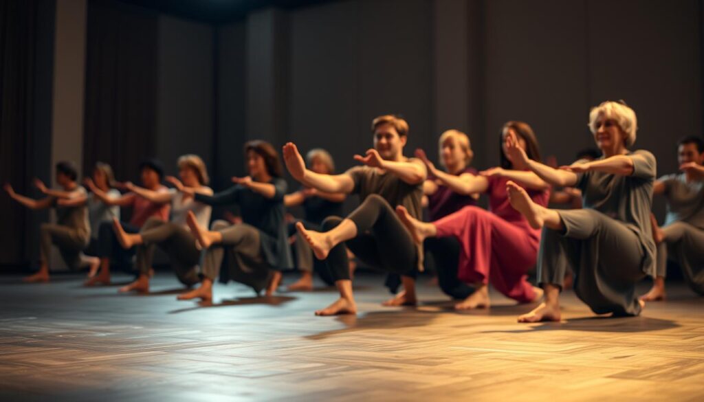 A serene, dimly-lit studio setting with a diverse group of seated individuals, their faces expressing calm focus, as they gracefully perform tai chi leg exercises. Soft, warm lighting casts a gentle glow, highlighting the fluid movements of their legs and feet. The foreground features a close-up view of the participants' lower bodies, emphasizing the precise, controlled nature of the exercises. The background is subtly blurred, creating a sense of depth and tranquility. The scene captures the essence of the "Tai Chi Kicks (Seated)" section, showcasing the harmony of mind, body, and spirit in a diverse, inclusive setting.