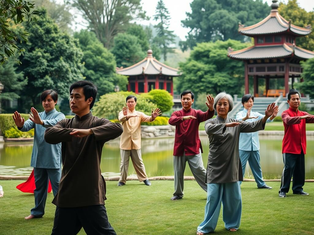 15 Best Tai Chi Exercises for Anxiety Relief A serene garden setting with lush greenery and a tranquil pond. In the foreground, a group of Chinese and Caucasian men and women practicing Tai Chi, their movements fluid and graceful. The practitioners' bodies are in various poses, some with hands extended, others in a stance with one leg forward. Soft, diffused lighting illuminates their peaceful expressions as they focus on their breath, inhaling and exhaling in unison. The background features a pagoda-style structure, its traditional architecture blending harmoniously with the natural environment. The overall scene conveys a sense of mindfulness, balance, and inner calm.