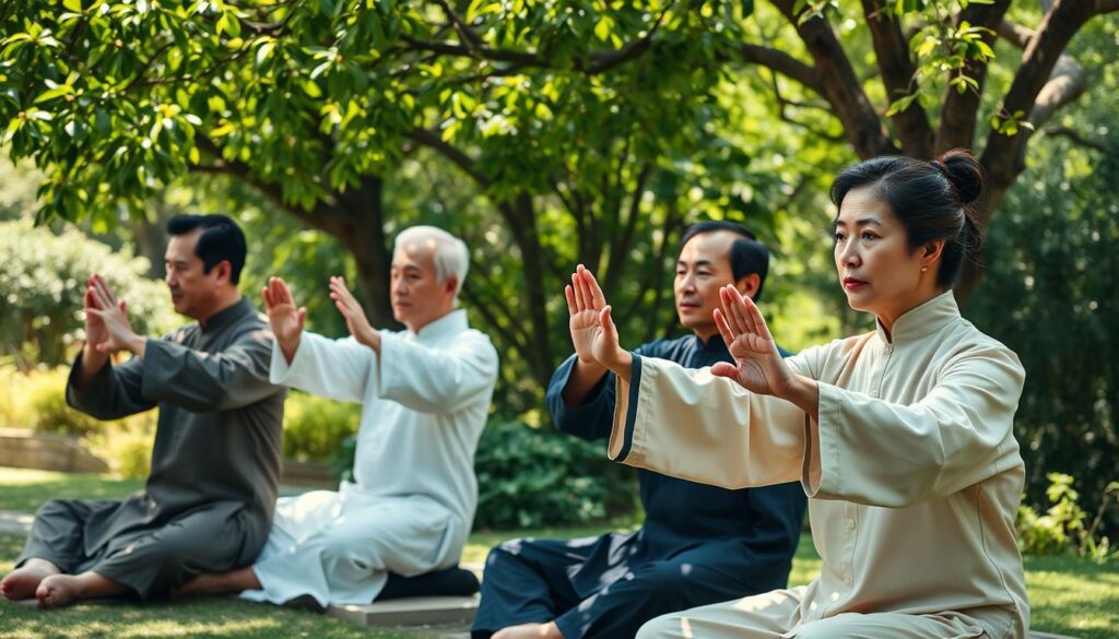 A serene scene of Chinese and white men and women seated in a tranquil garden, gracefully performing the "Grasp the Sparrow's Tail" Tai Chi hand exercise. Soft natural lighting filters through the leaves, casting gentle shadows. The subjects' movements are fluid and focused, their expressions calm and centered. The background is lush with greenery, creating a sense of harmony and balance. The camera angle is slightly elevated, allowing the viewer to observe the elegance and discipline of the practice. The overall atmosphere is one of mindfulness, serenity, and the timeless beauty of this ancient tradition.