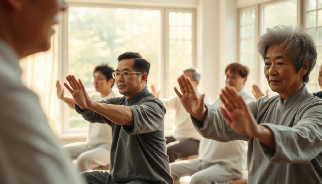 A serene senior fitness class, with Chinese and white men and women seated in a tranquil, sun-dappled studio. Carefully controlled movements of "Parting the Wild Horse's Mane" Tai Chi exercise, hands and arms gliding gracefully, faces etched with focused concentration. Soft lighting filters through large windows, casting a warm, natural glow. The scene exudes a sense of calm, inner balance, and the mindful practice of this ancient art. Crisp, high-resolution details, cinematic 24mm lens perspective, realistic human anatomy and expressions.