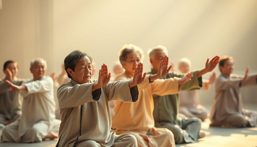 A serene, softly lit scene of elderly Chinese and Caucasian men and women seated in a tranquil setting, performing the graceful "White Crane Spreads Its Wings" Tai Chi arm exercise. Their movements are fluid and meditative, as they extend their arms outward, palms facing up, in a gentle sweeping motion. Warm, diffused lighting illuminates their focused expressions and the delicate details of their hands and arms. The background is hazy and indistinct, allowing the central figures to take center stage. An atmosphere of calm and mindfulness pervades the image.