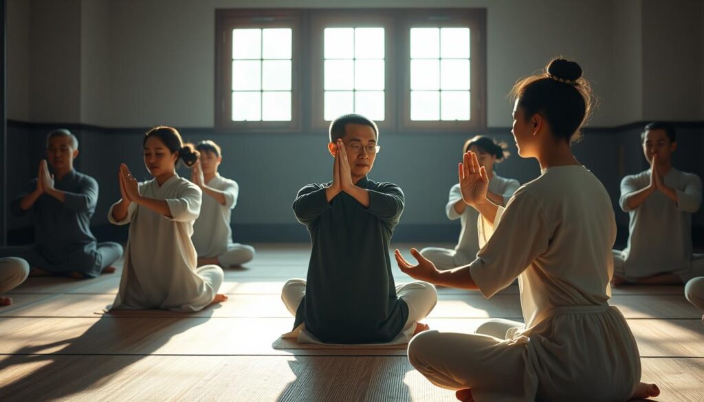 A tranquil seated tai chi pose, a "Needle at Sea Bottom" exercise. Chinese and white men and women center themselves, spines straight yet supple, hands placed gently on thighs. Soft natural lighting filters through a window, casting a serene glow. The scene is captured from a mid-level angle, highlighting the graceful posture and meditative atmosphere. Muted earth tones and soothing blues create a calming, contemplative ambiance. Detailed folds of clothing, delicate facial features, and subtle hand gestures convey the focus and inner peace of the practitioners. This image embodies the essence of seated tai chi, promoting flexibility, balance, and mindfulness.