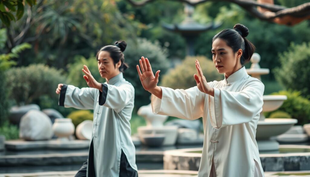 Serene Chinese and Caucasian men and women practicing Tai Chi energy cultivation techniques in a tranquil garden setting. Soft, natural lighting illuminates their focused expressions and fluid movements as they move through a series of graceful poses, cultivating and channeling the powerful life force energy of qi. The background features lush foliage, a calming water feature, and a sense of timeless harmony, creating an atmosphere of inner peace and mindfulness.